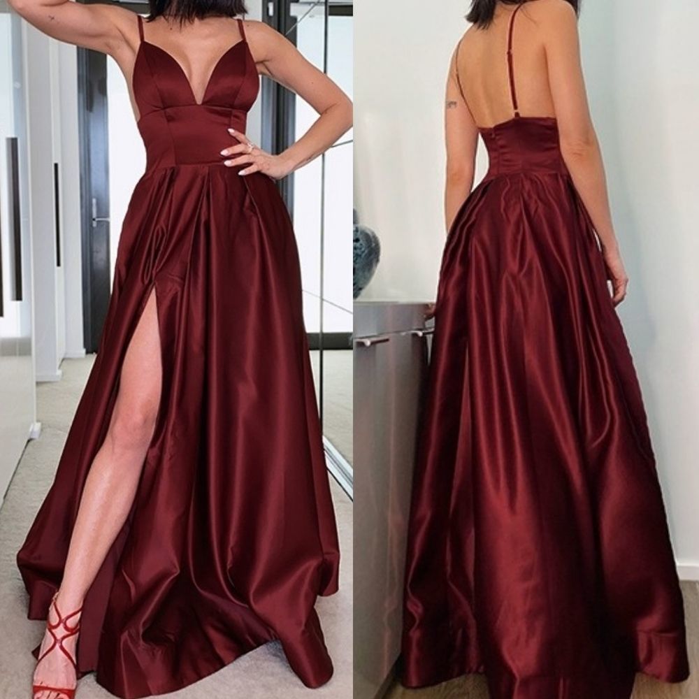 HEBEOS Ball Strapless Black cherry, deep red burgundy Satin Goen Prom, wedding